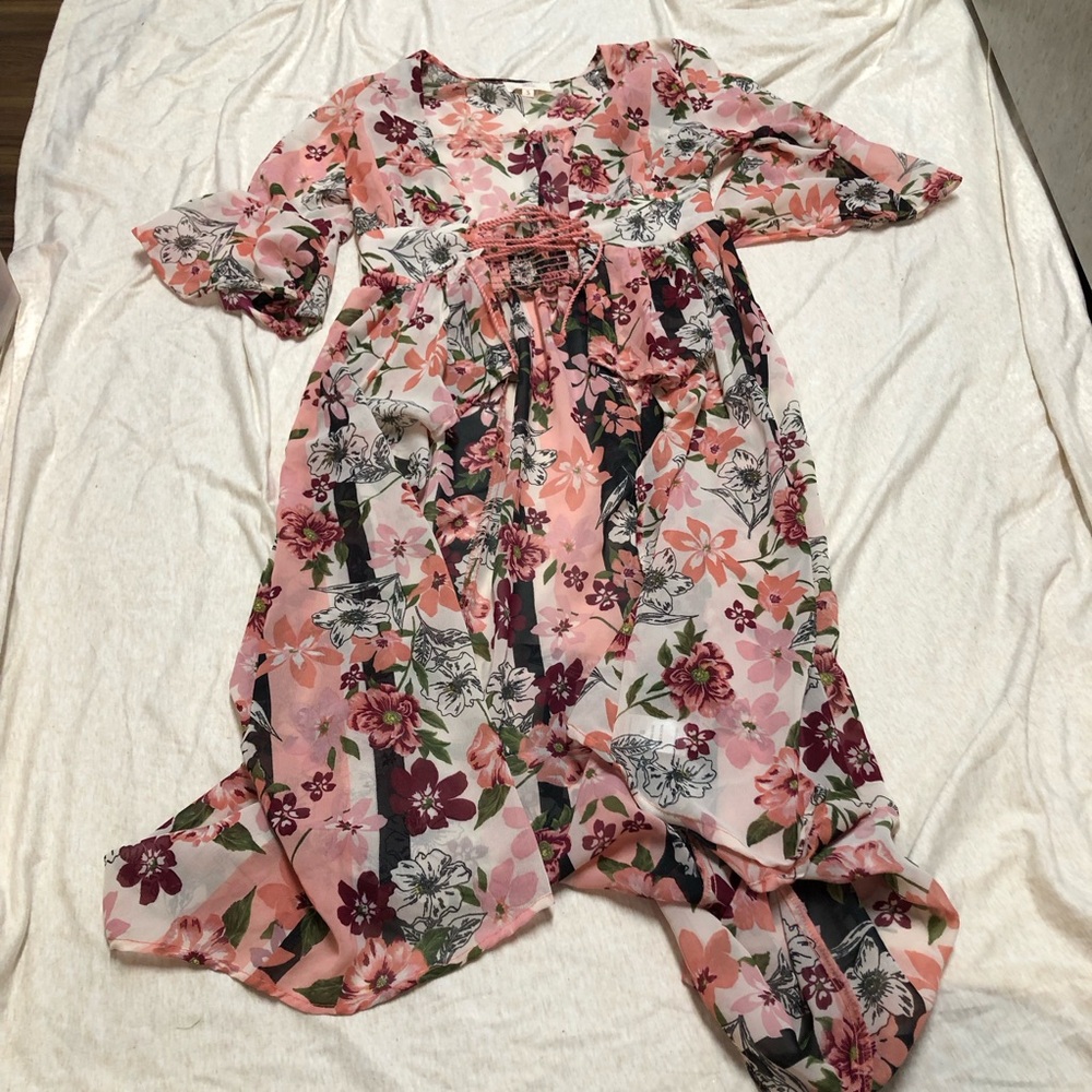 Sheer Floral Kimono Duster Lace Up Fairycore Cottagecore Ruffle Renaissance sz S